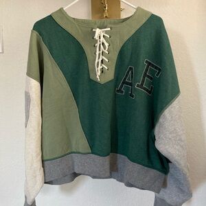 Y2K 90s American Eagle Green Color-block Lace-Up Patchwork Sweatshirt Cropped L